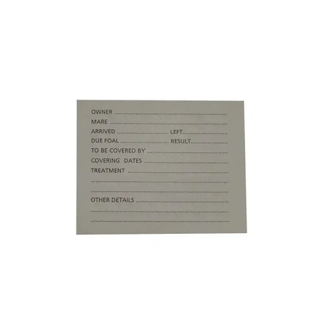 Gray stubbs stud card small s27a with dotted lines and fields for horse breeding in stud card holder