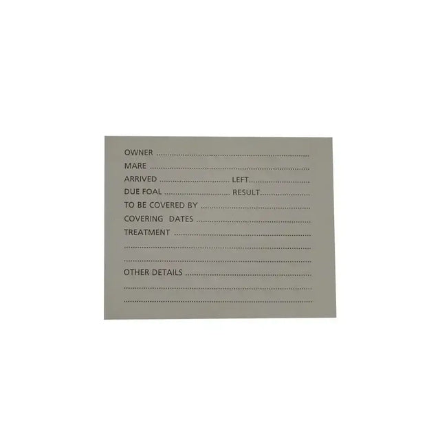 Gray stubbs stud card small s27a with dotted lines and fields for horse breeding in stud card holder