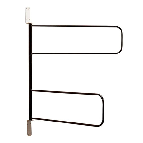 Black metal horse trailer gate with white mounting brackets on the back side of stubbs swinging numnah rack