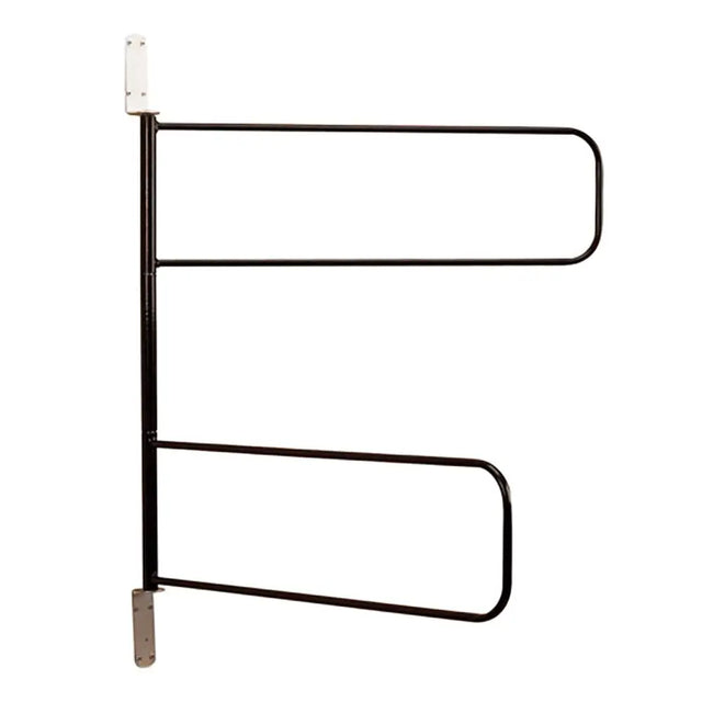 Black metal horse trailer gate with white mounting brackets on the back side of stubbs swinging numnah rack