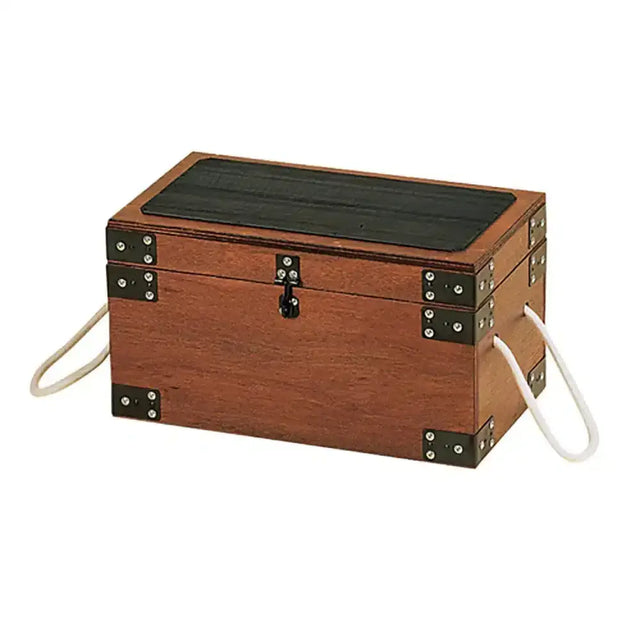 Stubbs tack box s56 brown wooden trunk with black metal accents white strap and stout wooden construction