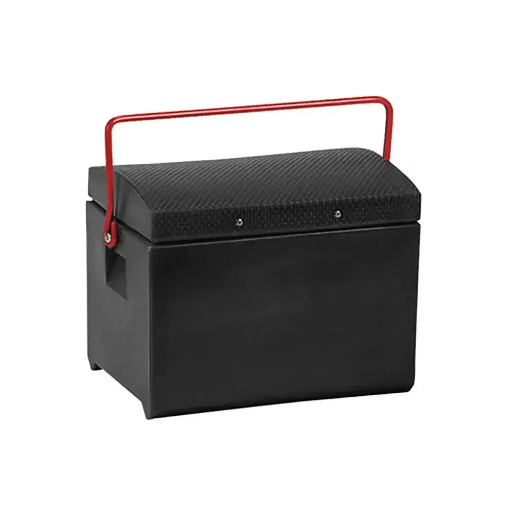 Black textured steel stubbyfine coated toolbox with red metal handle from stubbs tack step s57 product line