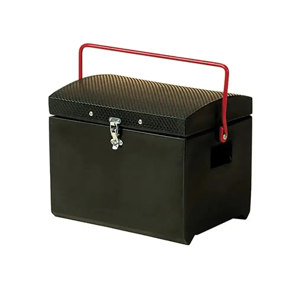 Black stubbs tack step toolbox with textured lid silver latch red metal handle and broad shoulder strap fastener s57c