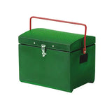 Green metal stubbs tack step toolbox with textured lid red handle silver latch featuring fastener s57c and broad shoulder strap