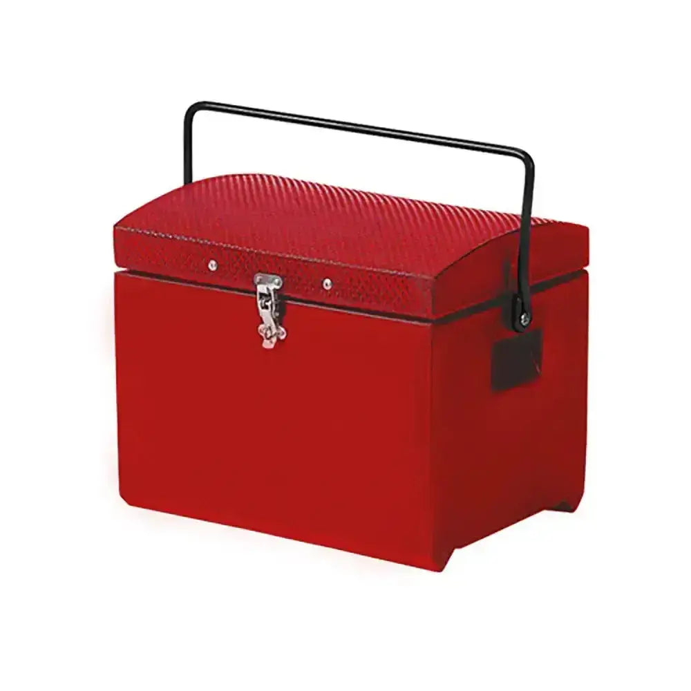 Red rectangular stubbs tack step toolbox with black handle silver latch and broad shoulder strap fastener s57c