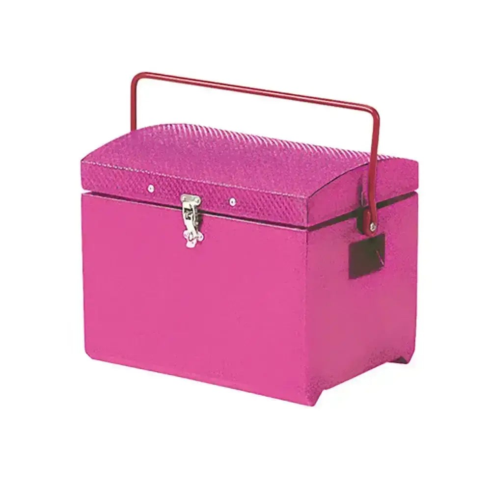 Vibrant pink metal stubbs tack step with fastener s57c featuring a textured lid, silver clasp, red handle, and broad shoulder strap