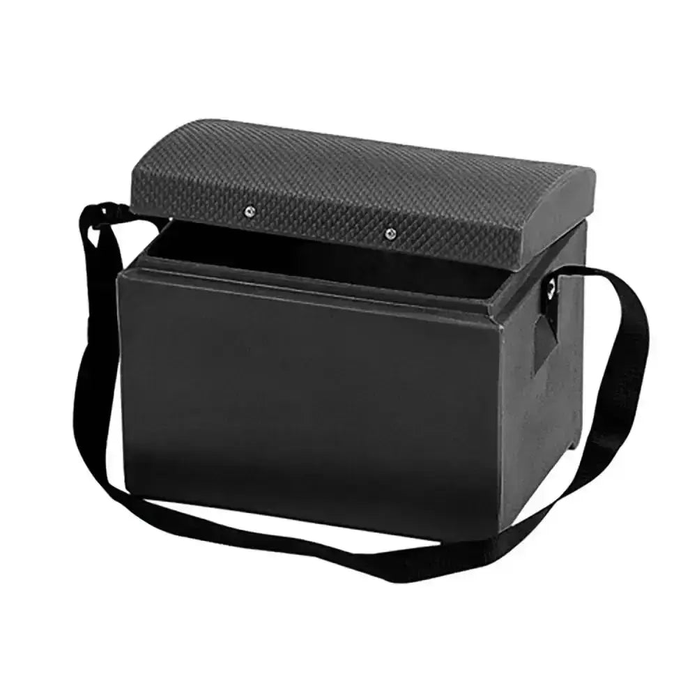 Black stubbs tack step storage box with reinforced textured lid and broad shoulder strap for easy carrying