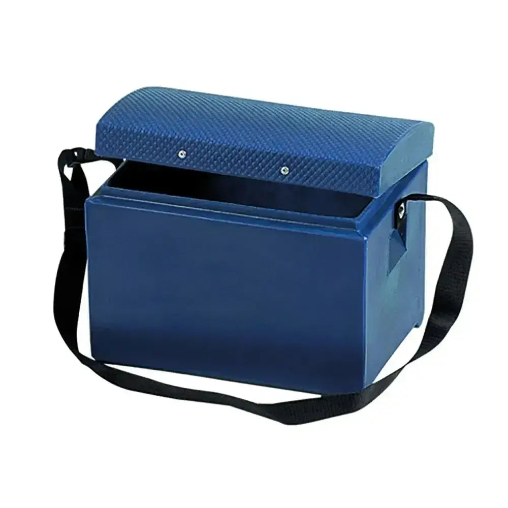 Stubbs tack step cooler with blue textured reinforced lid and broad shoulder strap for easy carrying