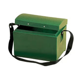 Green stubbs tack step storage box with reinforced textured lid and broad black shoulder strap for easy carrying