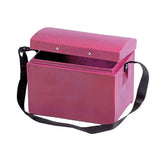 Pink stubbs tack step makeup case with reinforced lid smooth sides and black broad shoulder strap