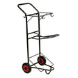 Black metal stubbs tack trolley flat with red wheels and multiple hooks for convenient tack transporter use