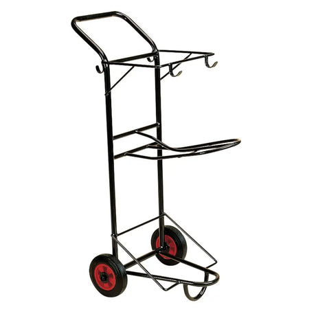 Black metal stubbs tack trolley flat with red wheels and multiple hooks for convenient tack transporter use