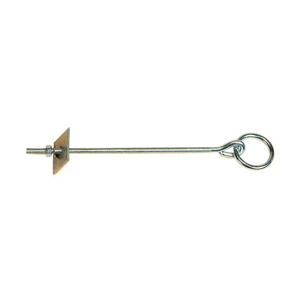 Metal wall anchor stubbs tie ring with 25cm threaded shank, square plate washer, and eye loop in steel finish