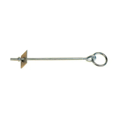Metal wall anchor stubbs tie ring with 25cm threaded shank, square plate washer, and eye loop in steel finish