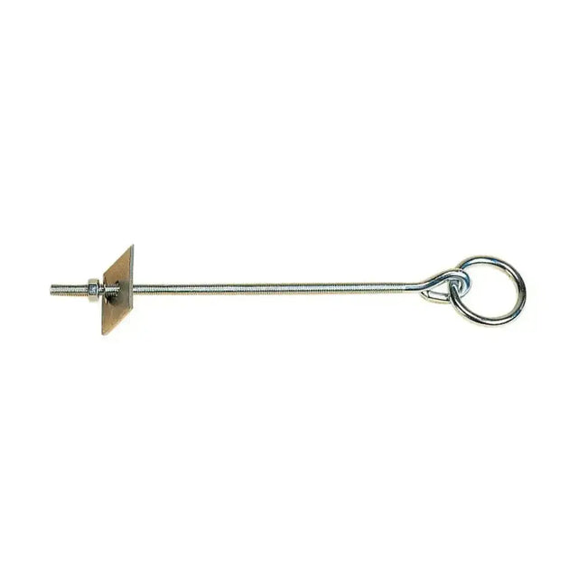 Metal wall anchor stubbs tie ring with 25cm threaded shank, square plate washer, and eye loop in steel finish