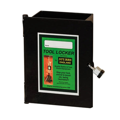 Black metal stubbs tool locker s2929 with silver padlock and green stubs england label for secure tack lockers storage