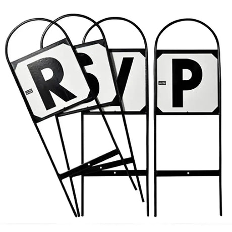 Black metal stubbs tread parking and reserved sign stands with white panels and bold black letters handy hoop frame