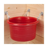 Red plastic animal feed bowl with metal hooks and brackets attached to stubbs trigger hook s85ps wall plate