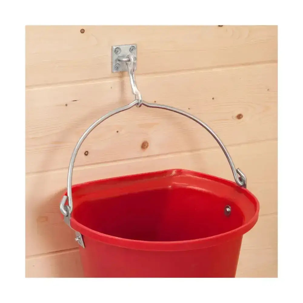 Red plastic bucket with silver metal handle hanging on stubbs trigger hook wall plate s85ps