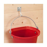 Red plastic bucket with silver metal handle hanging on stubbs trigger hook wall plate s85ps