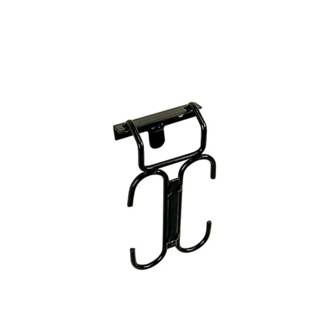 Black metal stubbs welly rack hinged with dual hooks and wall fixing bracket for easy mounting on walls