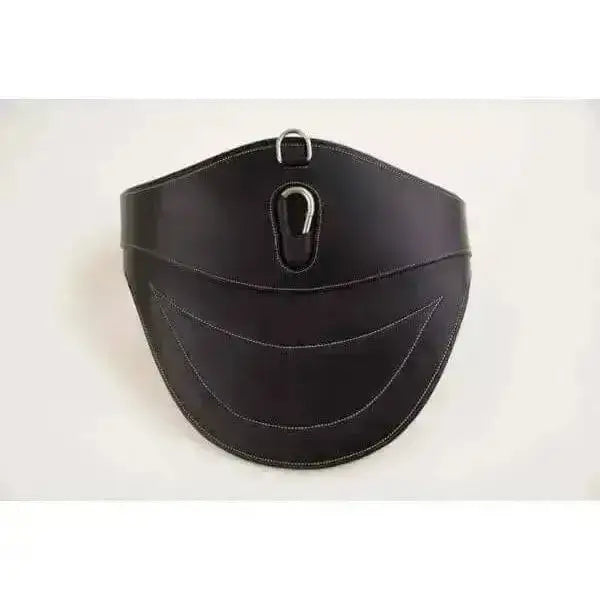 Black leather weightlifting belt with silver buckle and reinforced stitching from rhinegold german leather softee stud guard girths