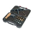 Black plastic practical stud kit with wooden handled brush allen wrench and metal horse studs for horse grooming