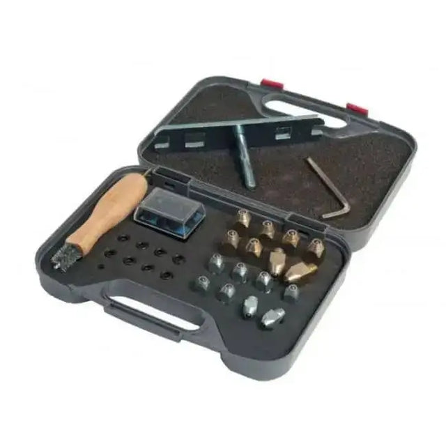 Black plastic practical stud kit with wooden handled brush allen wrench and metal horse studs for horse grooming