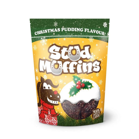 A festive yellow and green pouch of handmade horse treats stud muffins featuring a cartoon dog and christmas pudding design