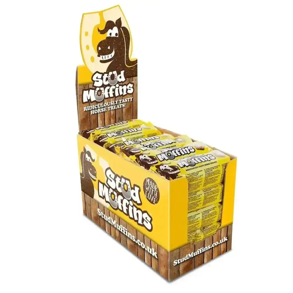 Yellow cardboard display box with wooden texture and cartoon horses for stud muffins packs of 3 from ridiculously tasty range with linseed