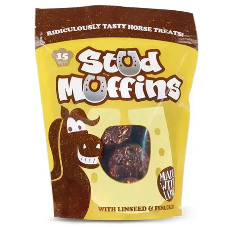 Yellow and brown stud muffins pouches horse treats featuring cartoon horse with linseed from ridiculously tasty range