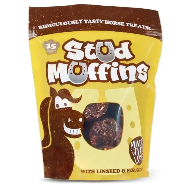 Yellow and brown stud muffins pouches horse treats featuring cartoon horse with linseed from ridiculously tasty range