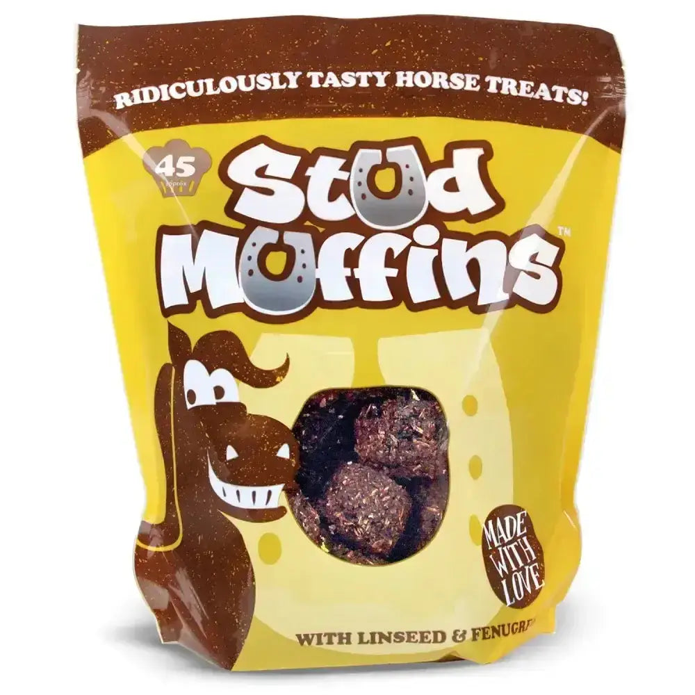 Yellow and brown bag of stud muffins pouches horse treats with cartoon horse, part of the ridiculously tasty range with linseed