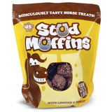 Yellow and brown bag of stud muffins pouches horse treats with cartoon horse, part of the ridiculously tasty range with linseed