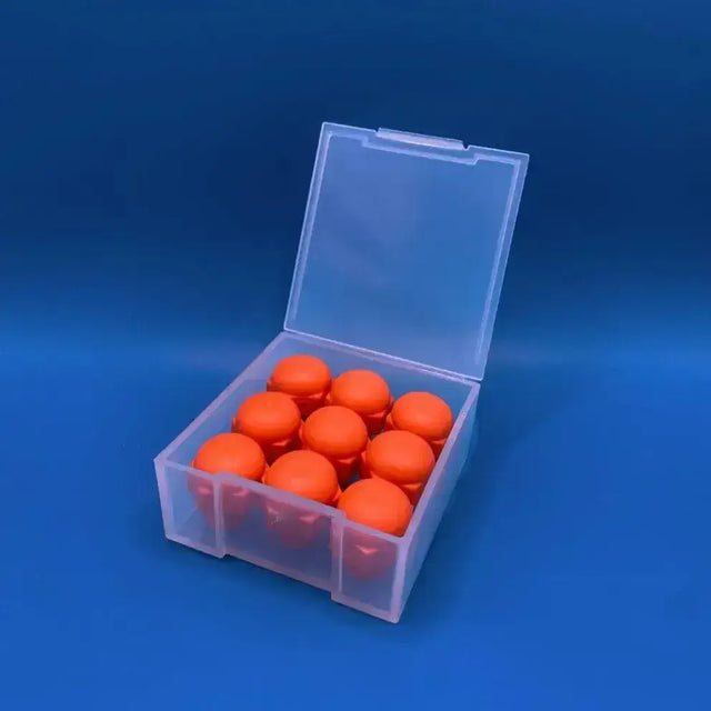 Studfast box containing nine orange plastic horse studs in a clear plastic case to prioritise safety and durability