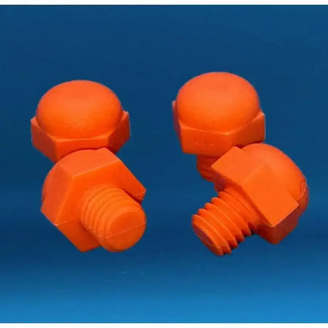 Bright orange plastic horse studs with rounded hex heads and threaded shafts in studfast demo bundle plastic horse