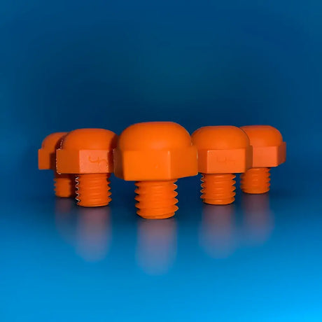 Bright orange plastic horse studs with rounded hex heads and threaded shafts in a studfast tube of 10 made from advanced materials