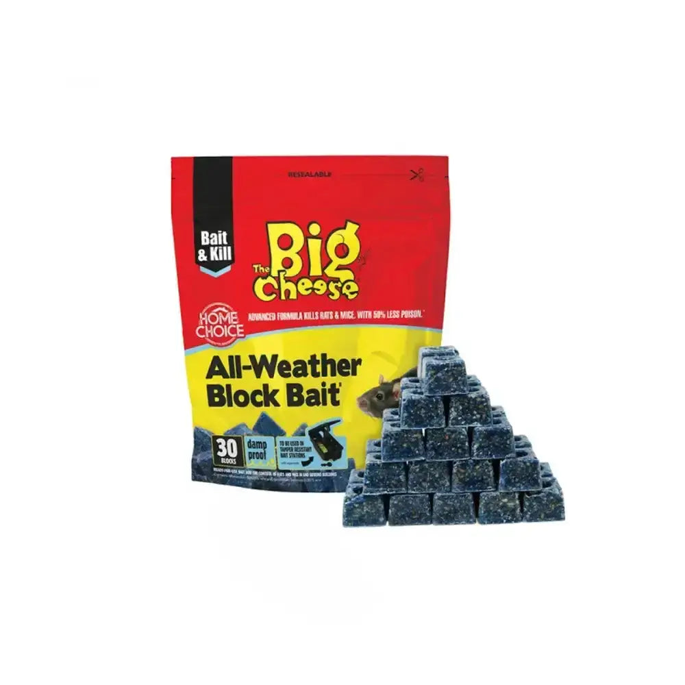 Red and yellow package of stv all weather block bait2 with dark blue cube-shaped high palatability bait blocks arranged in a pyramid