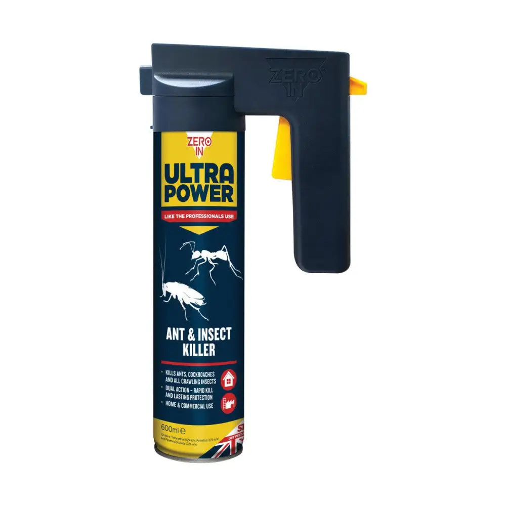 Black and yellow spray can with handle ultra power fast acting contact killer for ants and crawling insect killer by zero in