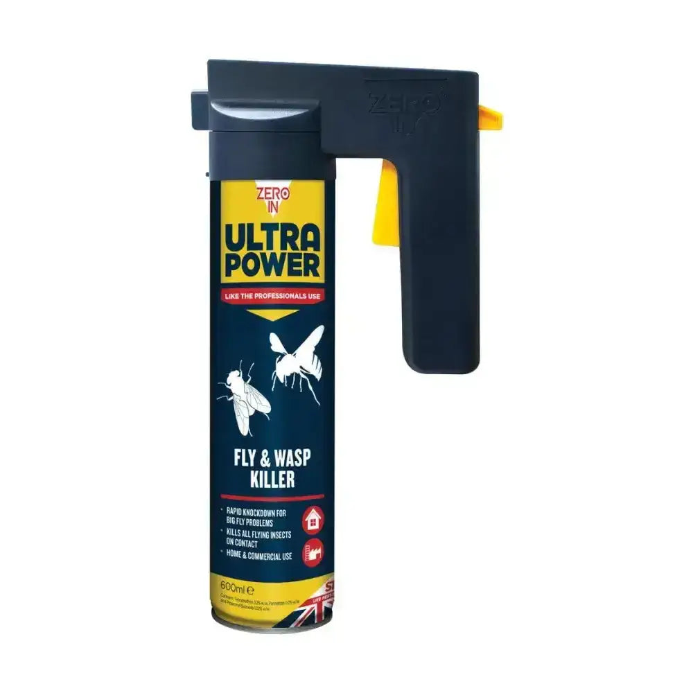 Stv fly and wasp killer spray can in black and yellow with ergonomic trigger handle delivers effective knock-down fly use in commercial kitchens