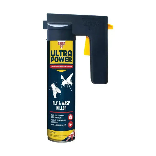Stv fly and wasp killer spray can in black and yellow with ergonomic trigger handle delivers effective knock-down fly use in commercial kitchens