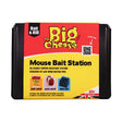 The big cheese mouse bait station is a black tamper-resistant container with a red yellow label for stv mouse bait use