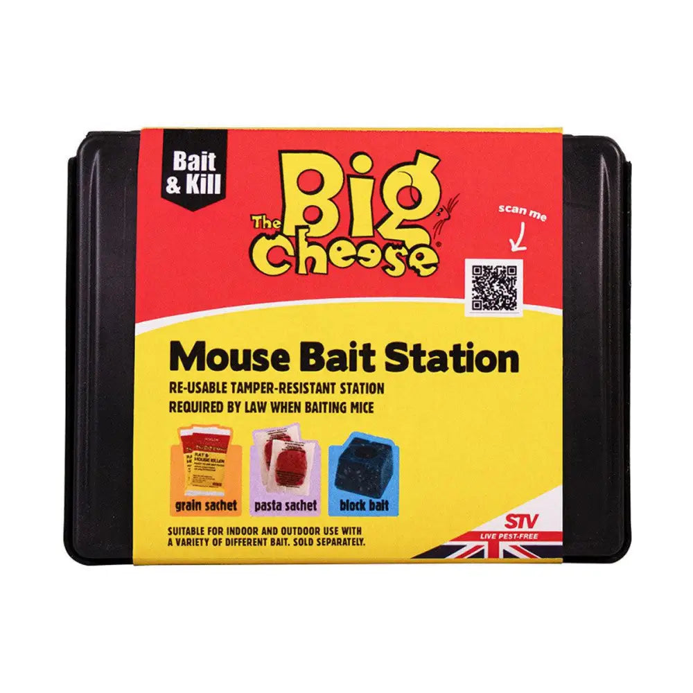 The stv mouse bait station is a black tamper-resistant container with a bright label for big cheese® rat bait