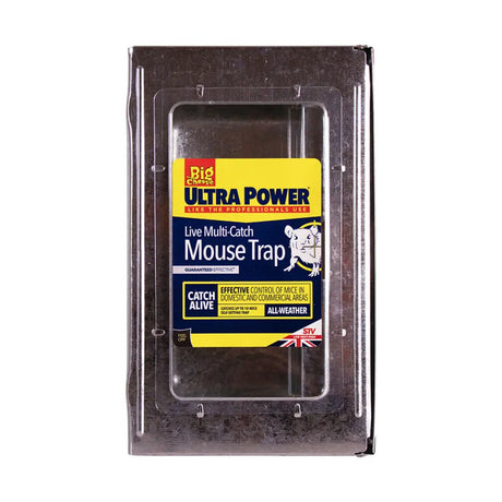 Black metal ultra power stv multi-catch mouse trap with clear plastic front and yellow label for easy multi catch trapping