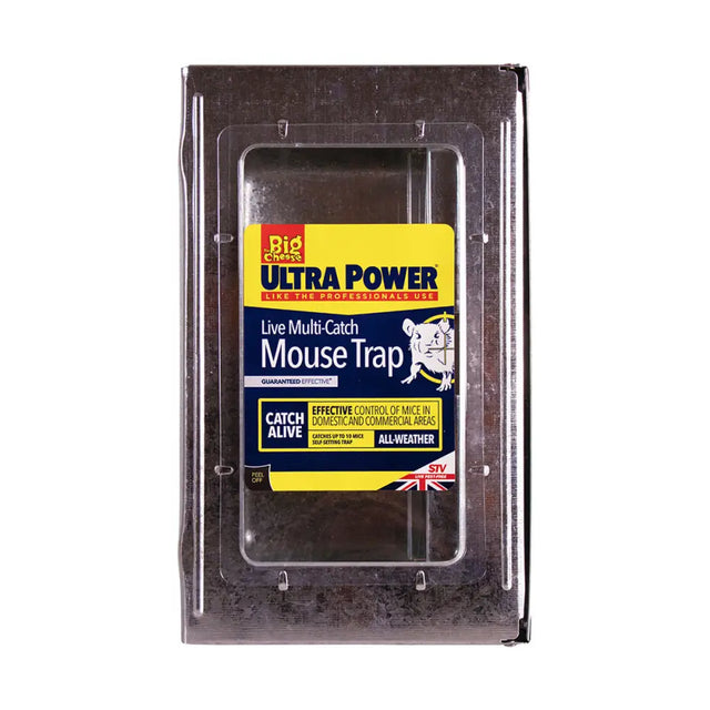 Black metal ultra power stv multi-catch mouse trap with clear plastic front and yellow label for easy multi catch trapping