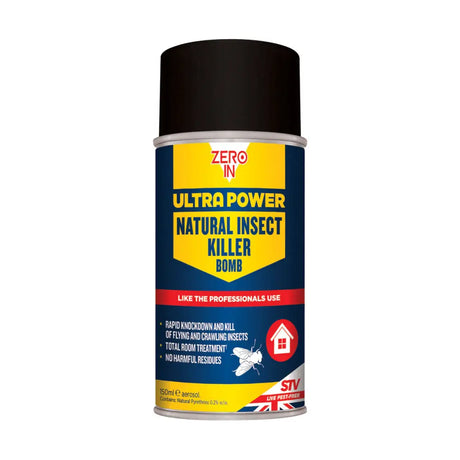 Black-capped stv natural insect killer bomb aerosol can with blue yellow label and red accents for one-shot insect control