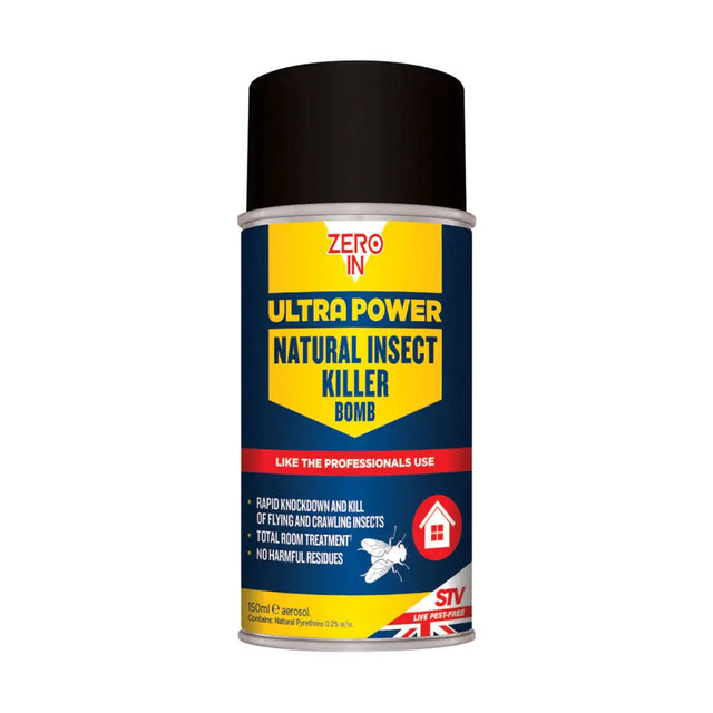 Black-capped stv natural insect killer bomb aerosol can with blue yellow label and red accents for one-shot insect control