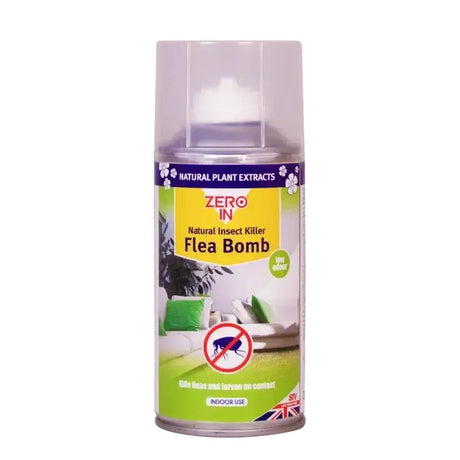 A green and yellow stv natural insect killer flea bomb aerosol can with white spray nozzle for pest control