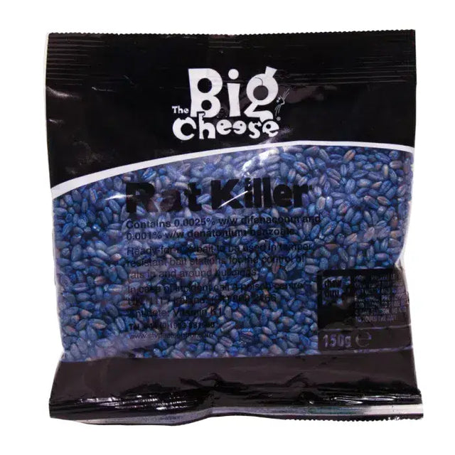 Black plastic bag of stv rat killer2 blue palatage grain bait the big cheese brand bait handling required