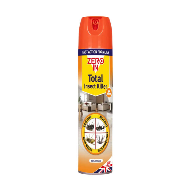 Orange aerosol can of stv total insect killer zero in total insect with yellow label and insect images